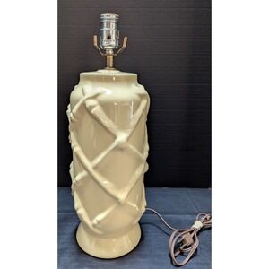 Vintage Faux Bamboo Lattice Patterned Lamp Pale‎ Yellow MCM Hollywood Regency